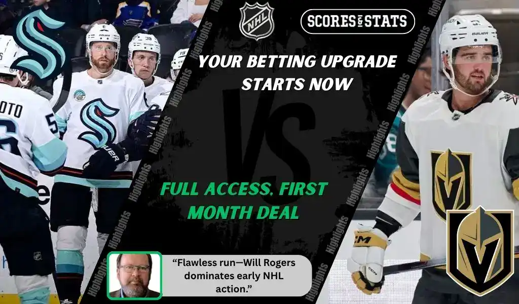 Seattle Kraken players gather during a break while Vegas Golden Knights player looks on during NHL matchup promo for picks and predictions on October 11th, 2025.