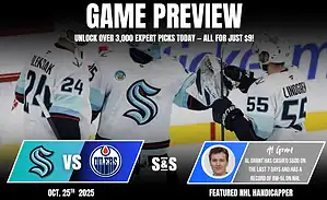 Two ice hockey players celebrate on the rink, showcasing team jerseys. The game preview displays the matchup: Kraken vs. Oilers.