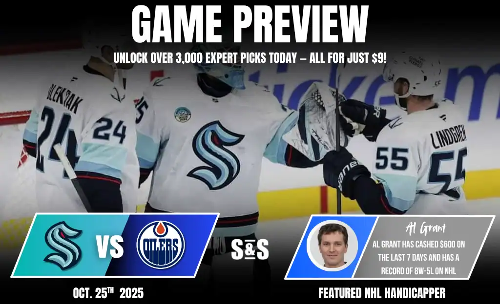 Previews 7 Two ice hockey players celebrate on the rink, showcasing team jerseys. The game preview displays the matchup: Kraken vs. Oilers.