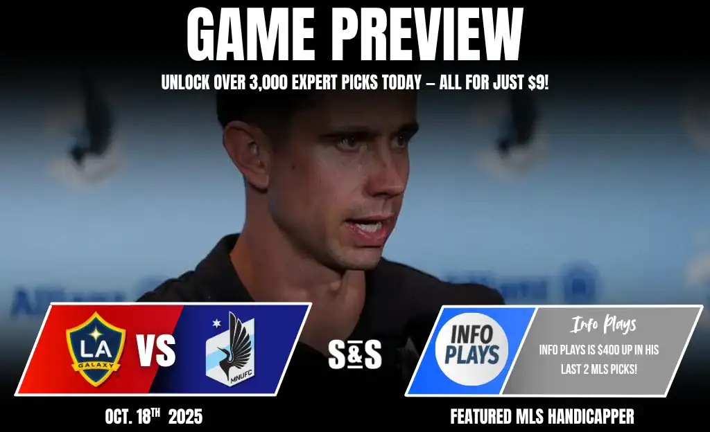 Game preview graphic for LA Galaxy vs Minnesota United on October 18, 2025, featuring betting information and promotional offers.