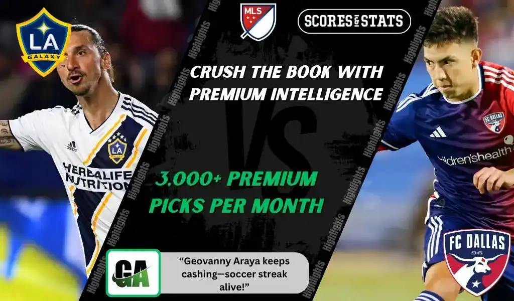 LA Galaxy player celebrates after scoring while FC Dallas player dribbles the ball during MLS matchup promo for picks and predictions on October 11th, 2025