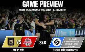 LAFC players celebrate a goal during a match against Toronto FC, featuring promotional game preview text and handicapping information.