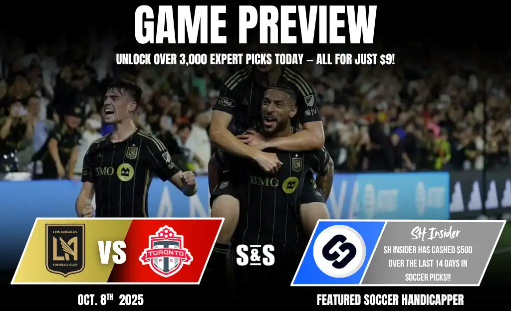 LAFC players celebrate a goal during a match against Toronto FC, featuring promotional game preview text and handicapping information.