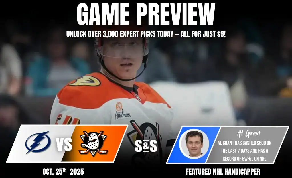 Graphic for a hockey game preview featuring the Lightning vs. Ducks on Oct. 25th, 2025, with betting tips from featured handicapper Al Grant.