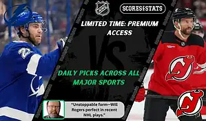 Tampa Bay Lightning player faces off against New Jersey Devils skater in NHL matchup promo for expert picks and predictions on October 11th, 2025.