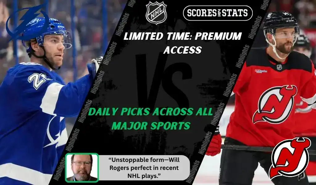 Tampa Bay Lightning player faces off against New Jersey Devils skater in NHL matchup promo for expert picks and predictions on October 11th, 2025.
