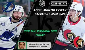 Tampa Bay Lightning player skates with the puck while Ottawa Senators player faces off during NHL matchup promo for picks and predictions on October 9th, 2025.