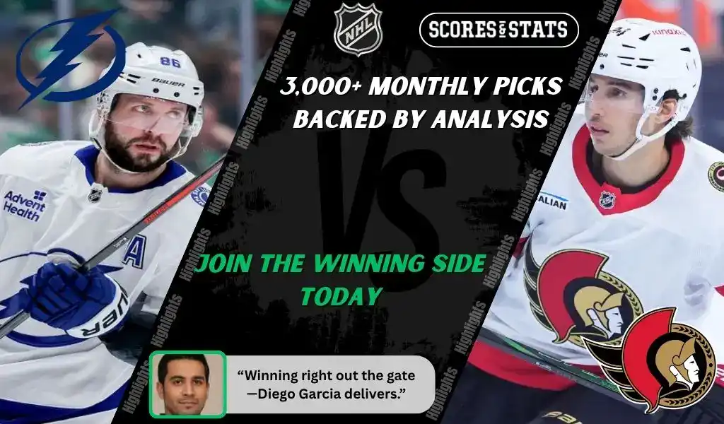 Tampa Bay Lightning player skates with the puck while Ottawa Senators player faces off during NHL matchup promo for picks and predictions on October 9th, 2025.