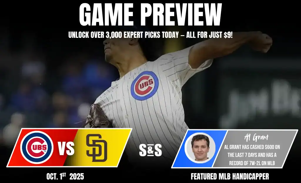 A Chicago Cubs pitcher delivers a throw during a game preview against the San Diego Padres, featuring statistics and expert picks.