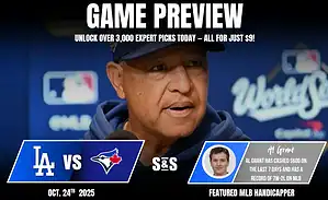 A promotional graphic for a Dodgers vs. Blue Jays game preview, featuring betting insights and statistics for October 24, 2025.