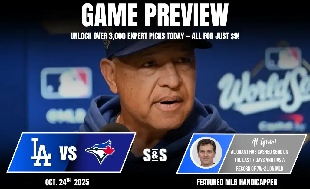A promotional graphic for a Dodgers vs. Blue Jays game preview, featuring betting insights and statistics for October 24, 2025.