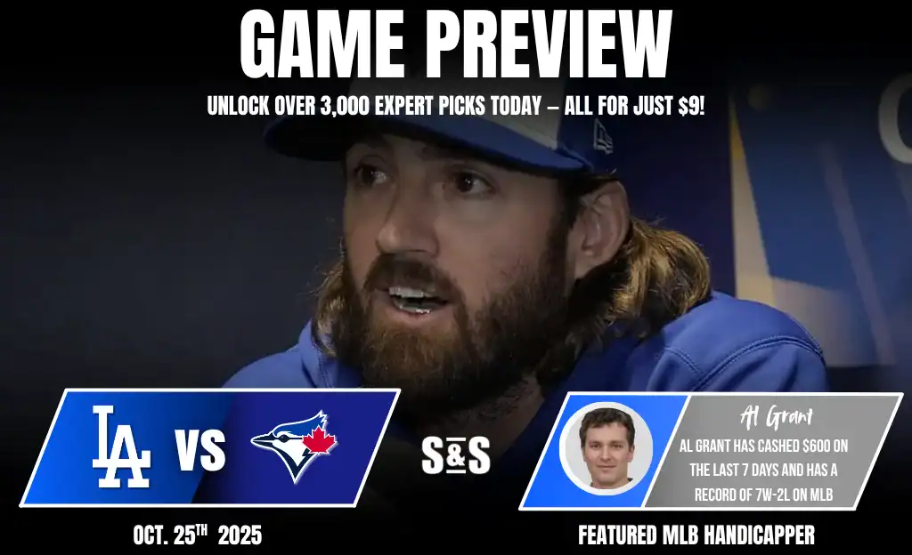 Toronto Blue Jays vs Los Angeles Dodgers Picks and Predictions October 25th 2025 1 Game preview for an MLB matchup on October 25, 2025, featuring the LA Dodgers vs. Toronto Blue Jays, with details on Al Grant's performance.