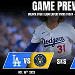 A Los Angeles Dodgers player in a game preview against the Milwaukee Brewers, featuring promotional details for bets and handicapping.