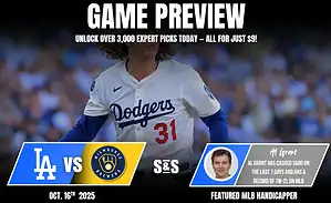 A Los Angeles Dodgers player in a game preview against the Milwaukee Brewers, featuring promotional details for bets and handicapping.