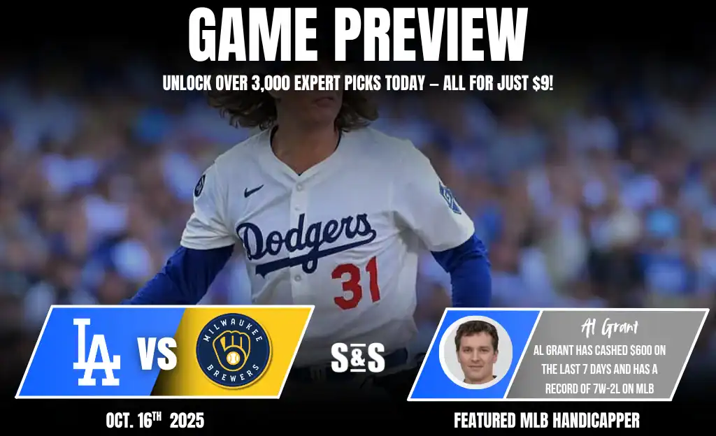 A Los Angeles Dodgers player in a game preview against the Milwaukee Brewers, featuring promotional details for bets and handicapping.