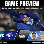 Game preview graphic featuring the Seattle Mariners vs. Toronto Blue Jays, highlighting expert picks and MLB stats for Al Grant.