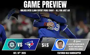 Game preview graphic featuring the Seattle Mariners vs. Toronto Blue Jays, highlighting expert picks and MLB stats for Al Grant.