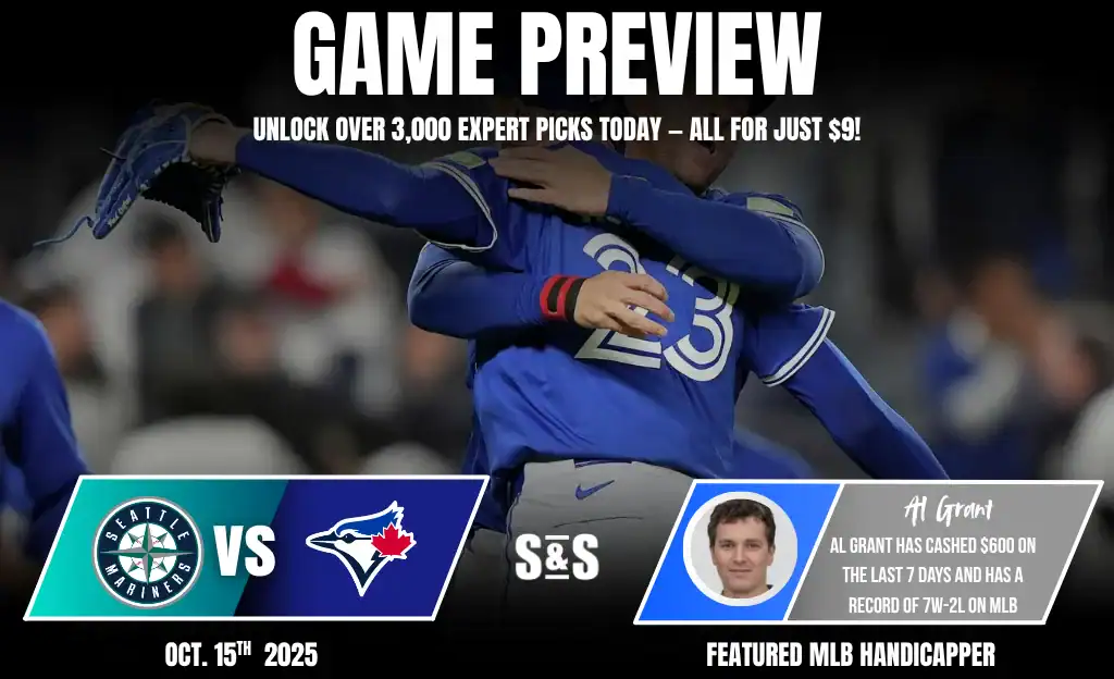 Game preview graphic featuring the Seattle Mariners vs. Toronto Blue Jays, highlighting expert picks and MLB stats for Al Grant.