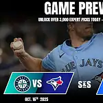 A pitcher from the Toronto Blue Jays prepares to throw a baseball, with game preview details for an October 2025 matchup against the Seattle Mariners.