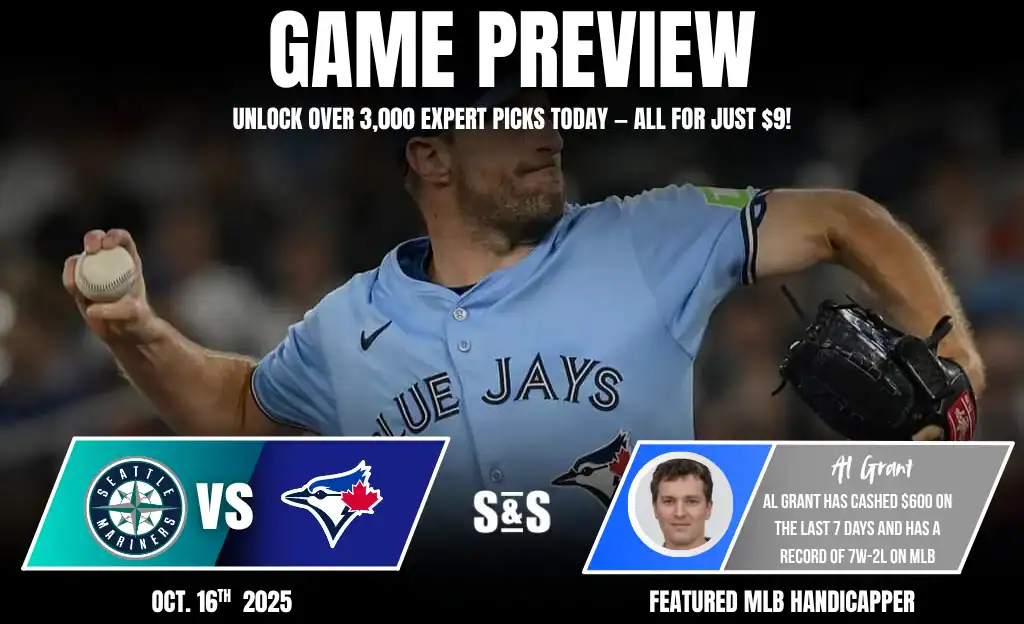 A pitcher from the Toronto Blue Jays prepares to throw a baseball, with game preview details for an October 2025 matchup against the Seattle Mariners.
