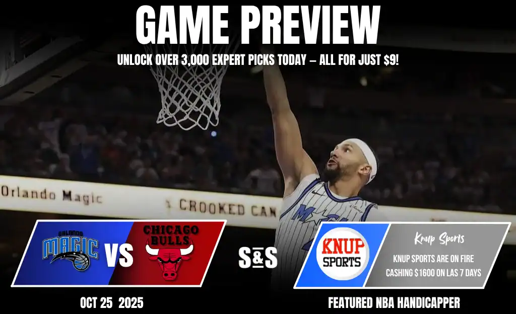 Previews 8 An NBA game preview featuring the Orlando Magic vs. Chicago Bulls, with promotional details for expert picks and Knup Sports.