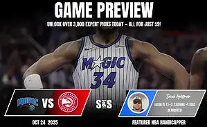 Graphic promoting an NBA game preview between the Orlando Magic and the Atlanta Hawks on October 24, 2025.