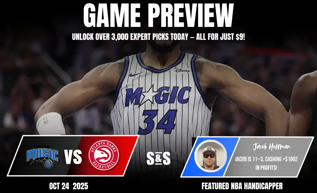 Orlando Magic vs Atlanta Hawks Picks and Predictions October 24th 2025 1 Graphic promoting an NBA game preview between the Orlando Magic and the Atlanta Hawks on October 24, 2025.