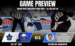 A hockey game preview featuring the Toronto Maple Leafs and Buffalo Sabres, with player action and betting insights displayed prominently.