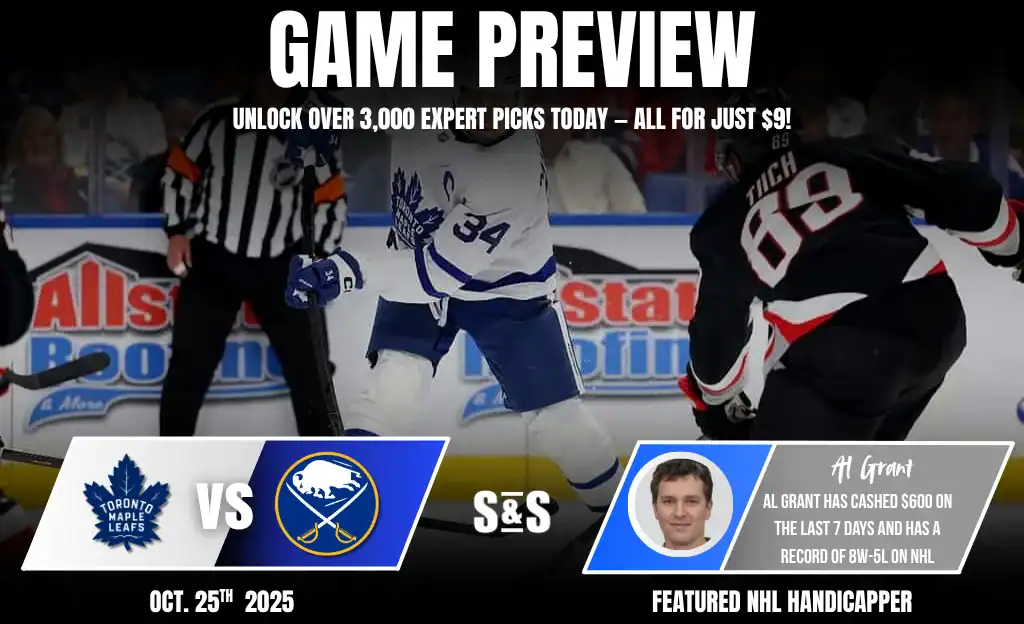Previews 6 A hockey game preview featuring the Toronto Maple Leafs and Buffalo Sabres, with player action and betting insights displayed prominently.