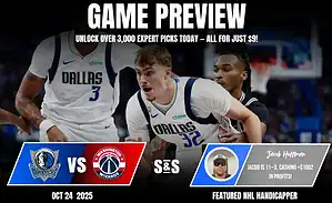 Game preview graphic featuring a Dallas Mavericks player in action against the Washington Wizards with promotional text and betting advice.