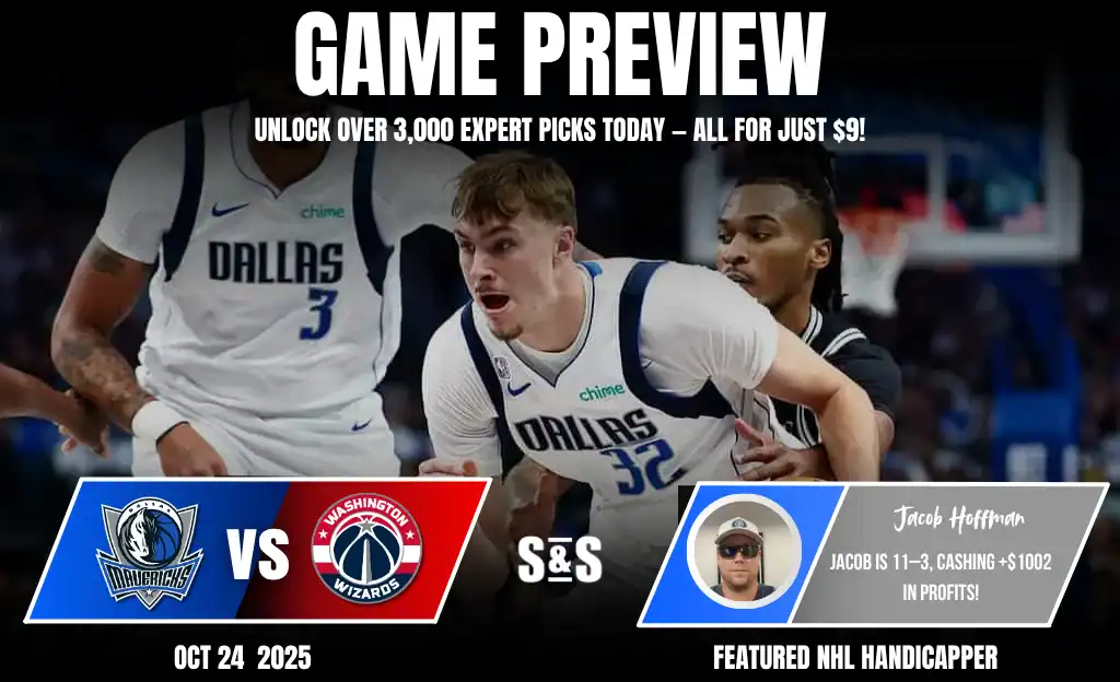 Game preview graphic featuring a Dallas Mavericks player in action against the Washington Wizards with promotional text and betting advice.