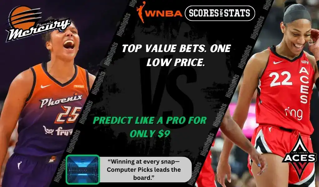 Phoenix Mercury player celebrates while Las Vegas Aces forward smiles during WNBA matchup promo for picks and predictions on October 10th, 2025.