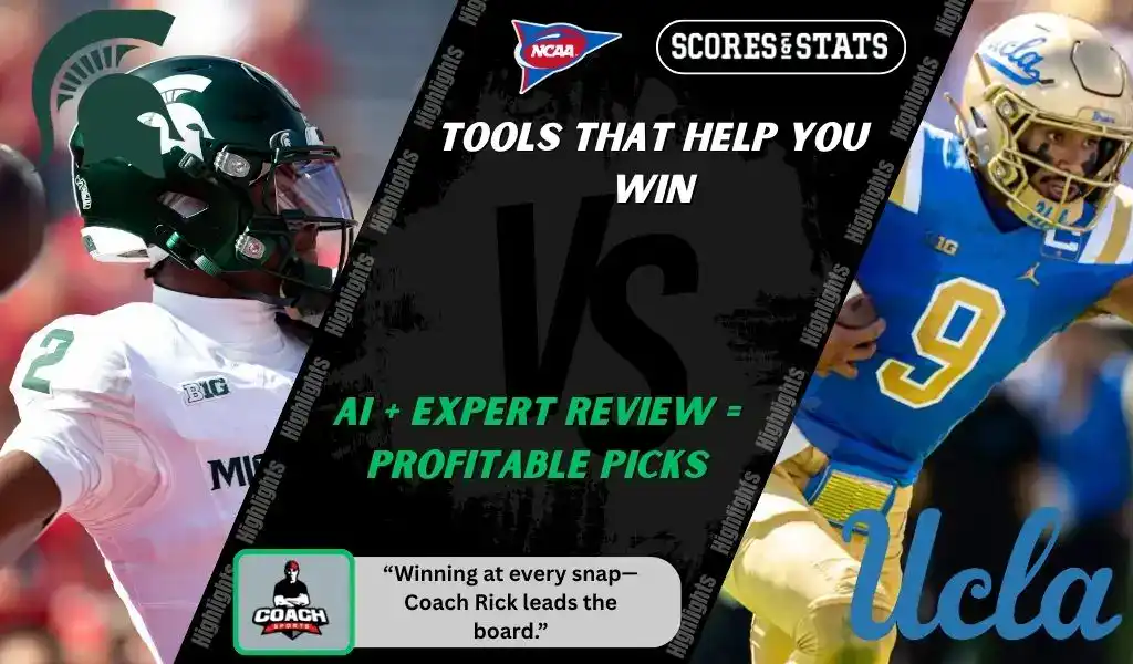 Michigan State Spartans quarterback prepares to pass while UCLA Bruins defender closes in during NCAA football matchup promo for picks and predictions on October 11th, 2025.