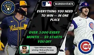 Milwaukee Brewers batter prepares to swing while Chicago Cubs player celebrates during MLB matchup promo for picks and predictions on October 11th, 2025.