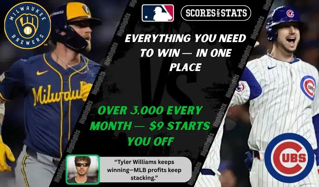 Milwaukee Brewers batter prepares to swing while Chicago Cubs player celebrates during MLB matchup promo for picks and predictions on October 11th, 2025.