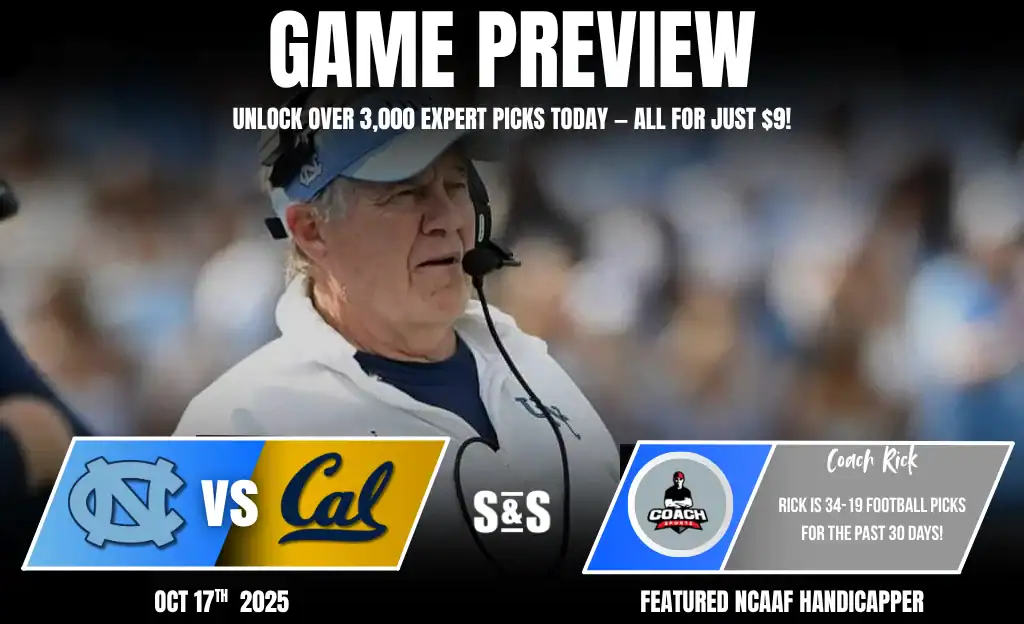 Game preview for North Carolina vs. Cal on October 17, 2025, featuring Coach Rick, noted for his recent successful picks.