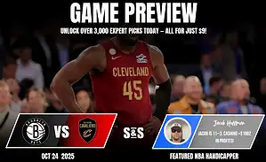 Cleveland Cavaliers player in a red jersey stands on the court, with game preview details for an upcoming match against the Brooklyn Nets.