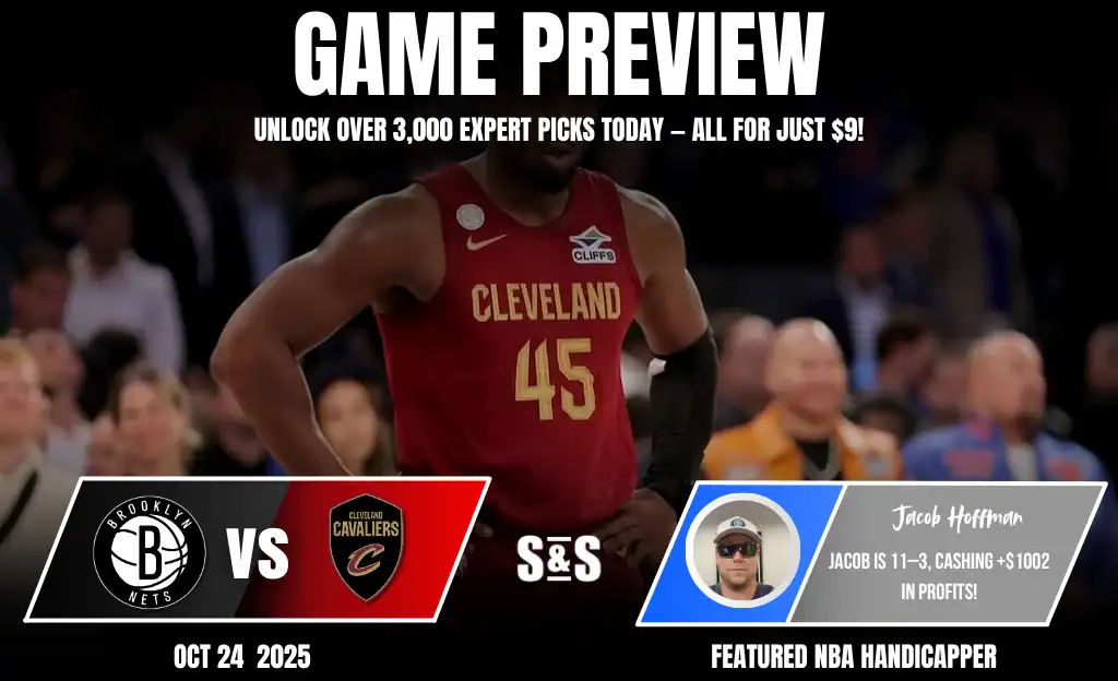 Brooklyn Nets vs Cleveland-cavaliers Picks and Predictions October 24th 2025 1 Cleveland Cavaliers player in a red jersey stands on the court, with game preview details for an upcoming match against the Brooklyn Nets.