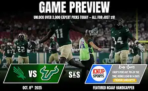 Image of a college football game preview featuring North Texas vs. South Florida, with promotional text for expert picks from Knup Sports.
