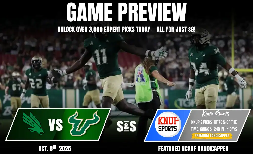 Image of a college football game preview featuring North Texas vs. South Florida, with promotional text for expert picks from Knup Sports.