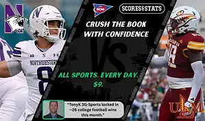 Northwestern Wildcats quarterback in action against UL Monroe Warhawks defender during NCAA football matchup, expert picks and betting predictions for October 4, 2025.