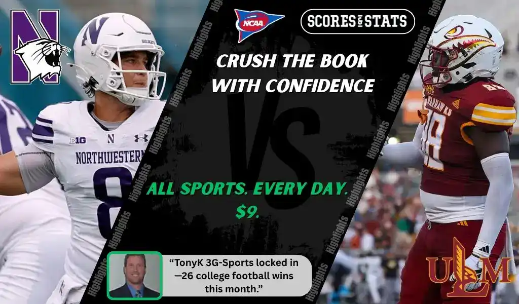 Northwestern Wildcats quarterback in action against UL Monroe Warhawks defender during NCAA football matchup, expert picks and betting predictions for October 4, 2025.