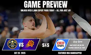 A matchup preview between the Denver Nuggets and the Phoenix Suns, featuring promotional information for betting odds and expert picks.