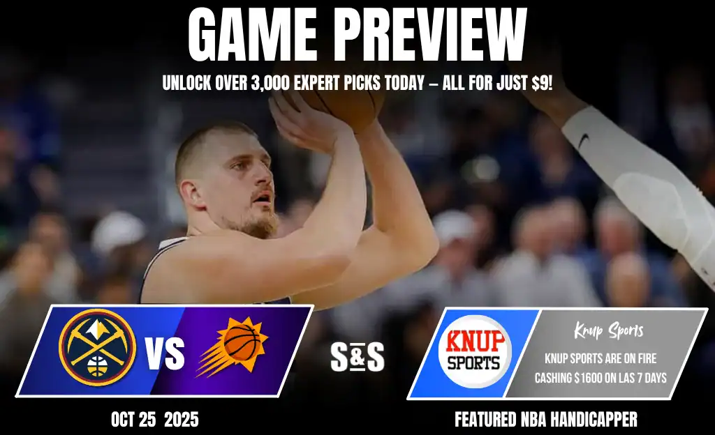 Previews 9 A matchup preview between the Denver Nuggets and the Phoenix Suns, featuring promotional information for betting odds and expert picks.