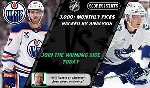 Edmonton Oilers player faces off against Vancouver Canucks player during NHL matchup promo for picks and predictions on October 11th, 2025.