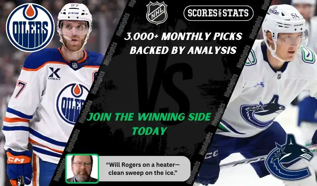 Edmonton Oilers player faces off against Vancouver Canucks player during NHL matchup promo for picks and predictions on October 11th, 2025.