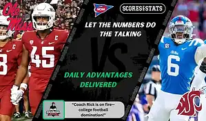 Ole Miss Rebels player celebrates while Washington State Cougars defenders line up during NCAA football matchup promo for picks and predictions on October 11th, 2025.