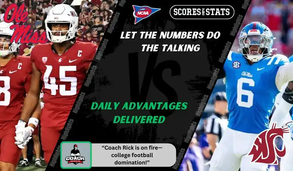 NCAAF 1 Ole Miss Rebels player celebrates while Washington State Cougars defenders line up during NCAA football matchup promo for picks and predictions on October 11th, 2025.
