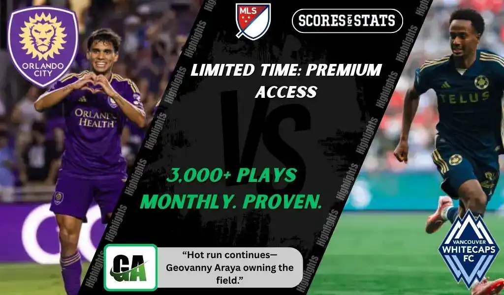 Orlando City player celebrates after scoring while Vancouver Whitecaps FC player runs with the ball during MLS matchup promo for picks and predictions on October 11th, 2025.
