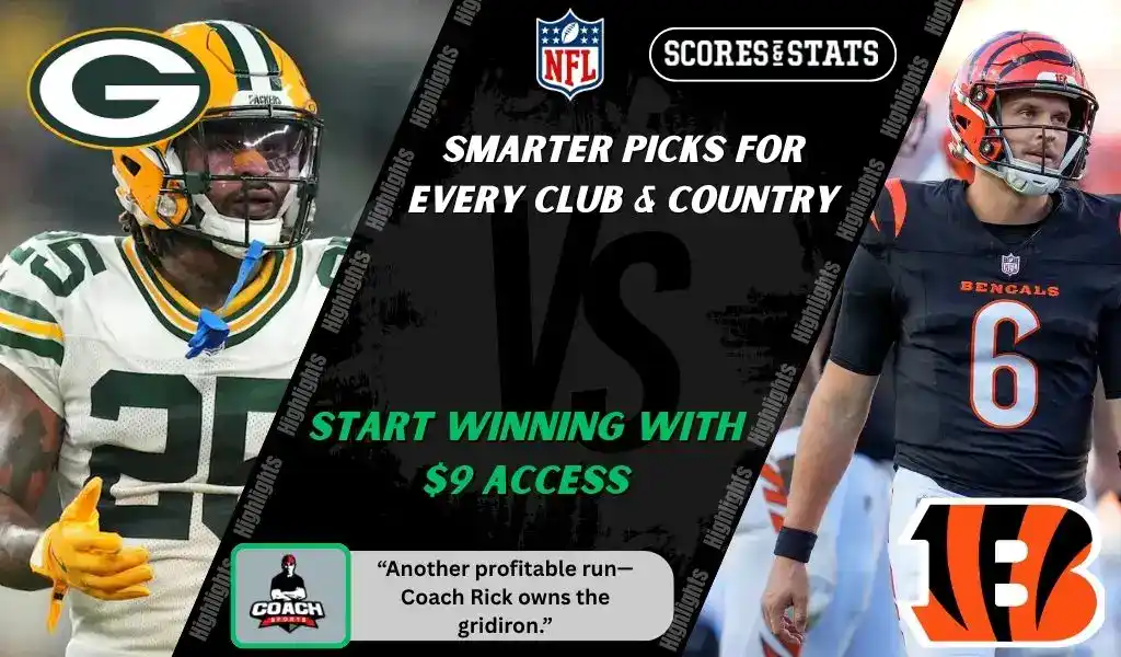 Green Bay Packers running back prepares for play while Cincinnati Bengals quarterback stands ready during NFL matchup promo for picks and predictions on October 12th, 2025.